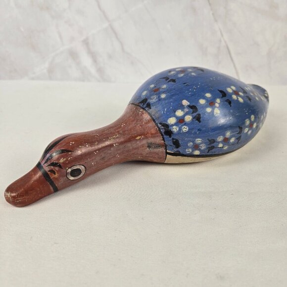 Vintage Tonala Pottery Duck Muted Tones Red Blue with Flowers - Picture 3 of 12